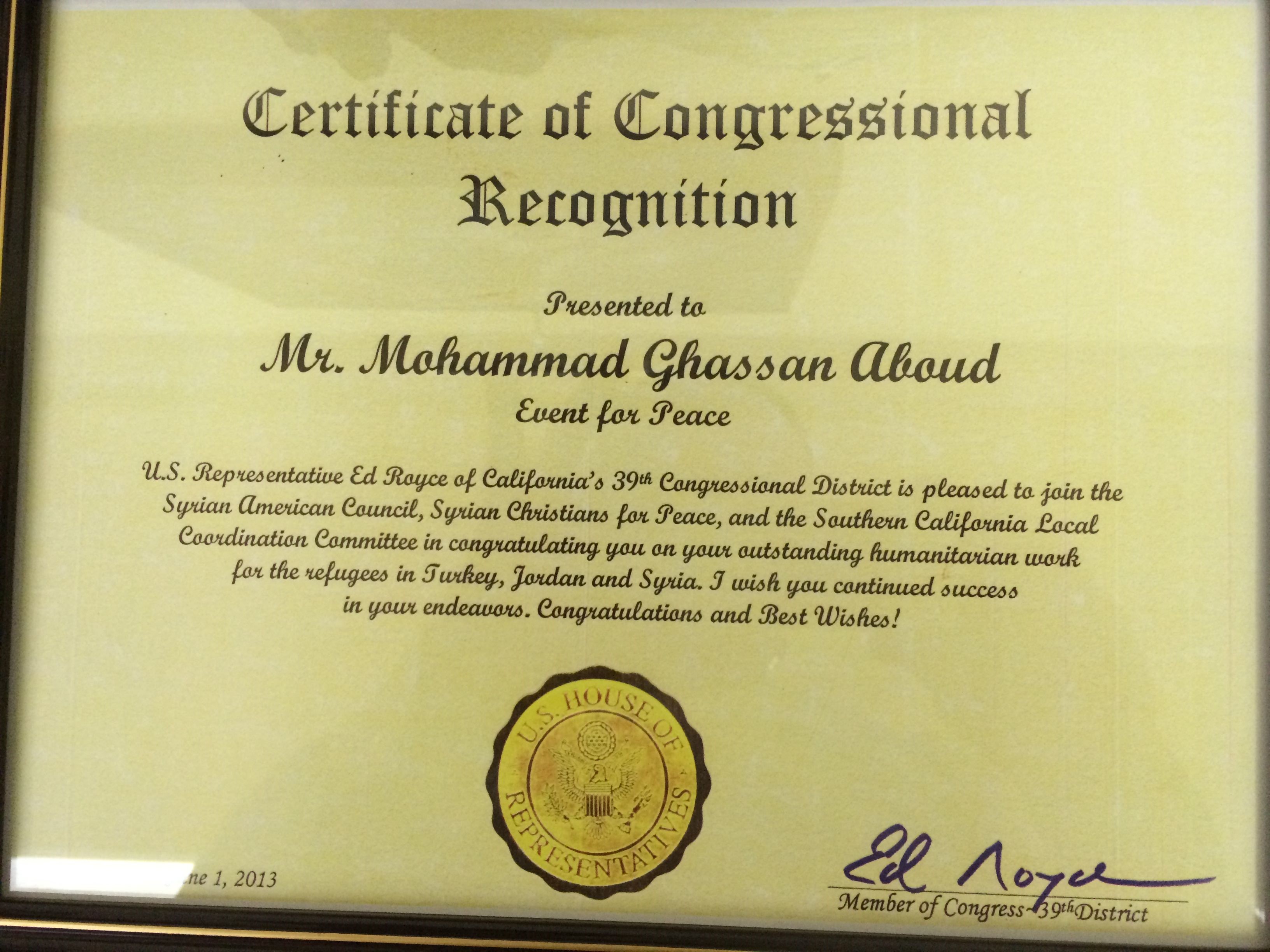 US House Of Representative Certificate